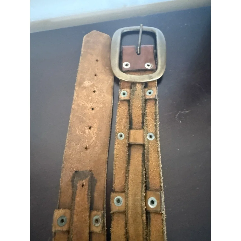 Vintage Unisex Brown Silver Leather Pin Buckle Casual Waist Belt 44-in Long